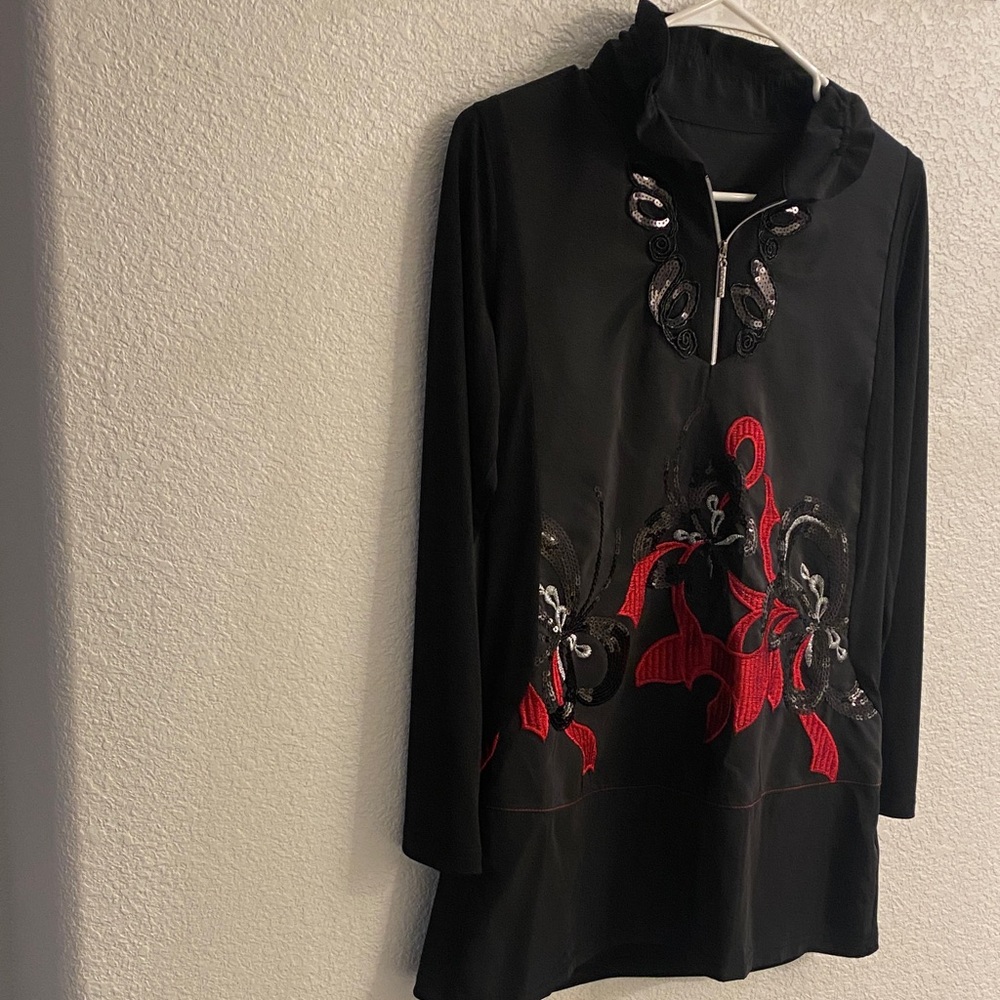 Elegant Black Tunic with Red Embroidery